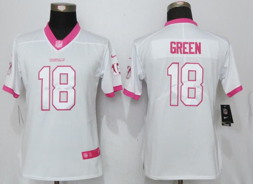 Women Cincinnati Bengals #18 Green Matthews White Pink Stitched Rush Fashion Nike NFL Jerseys